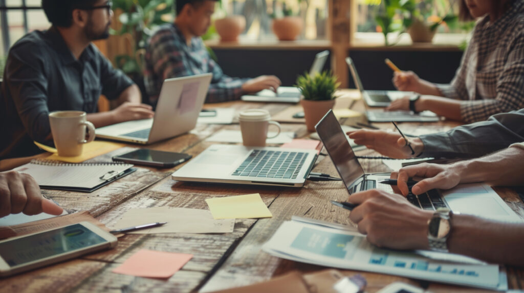 People sitting at a table with several laptops.