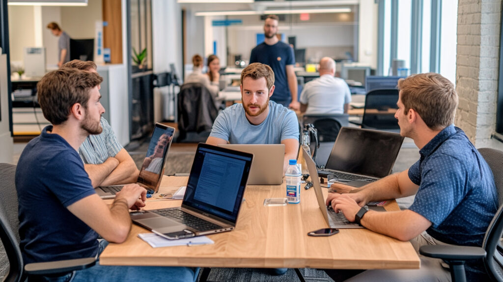 three men having a discussion at an office setting with several computers on desk.