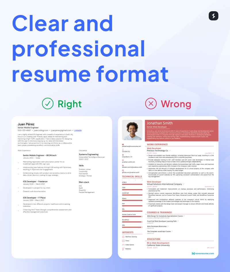 Professional software developer resume format, showcasing right and wrong options.