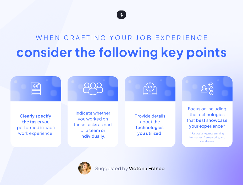 Key points to consider when craftwing your software developer CV experience. Infographic.