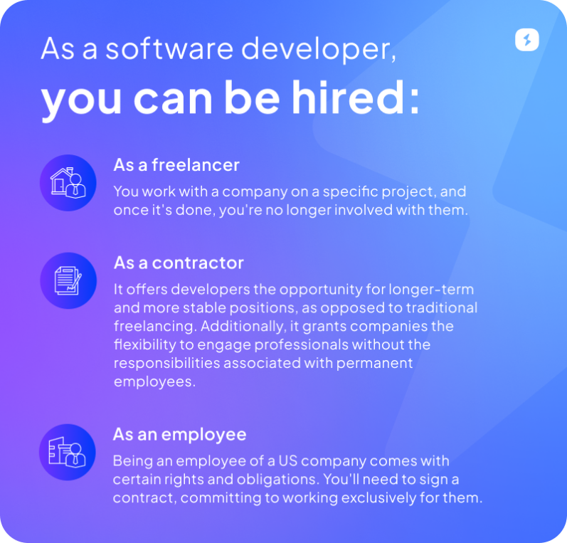 As a software developer, you can be hired: 1. As a freelancer 2. As a contractor 3. As an employee